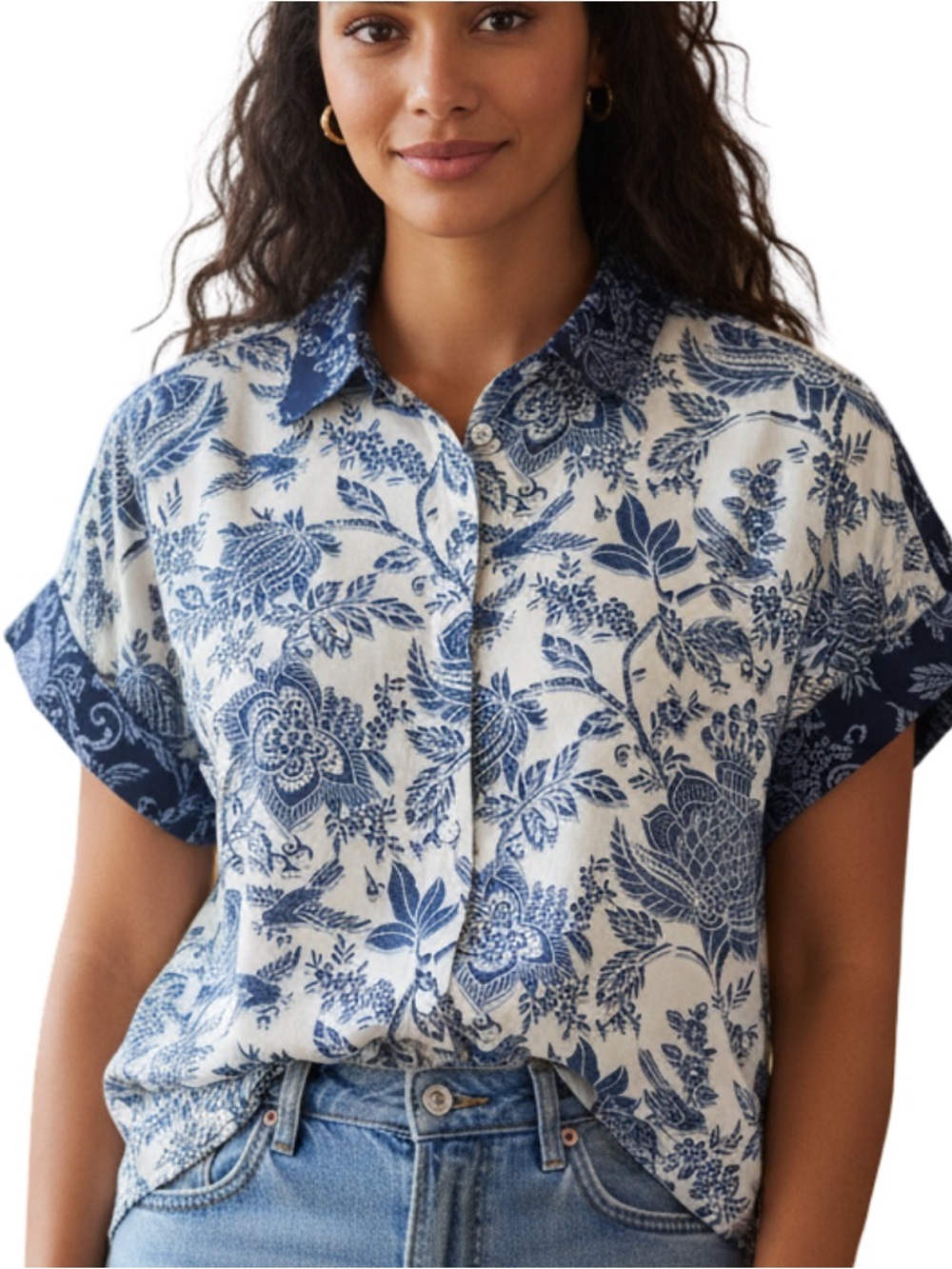 Liverpool Woman’s Galaxy Blue Botanical Bird Print Camp Shirt XS